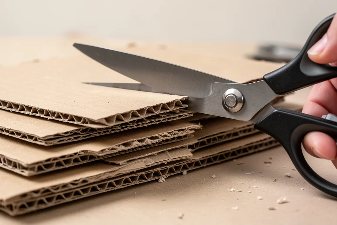 Ciseaux coupant à travers plusieurs couches de carton ondulé épais