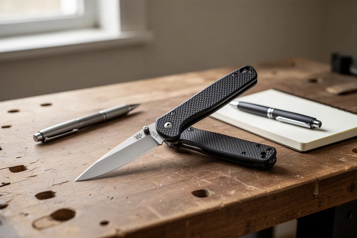 Coltello pieghevole snello aperto su una panca di legno con luce naturale dalla finestra