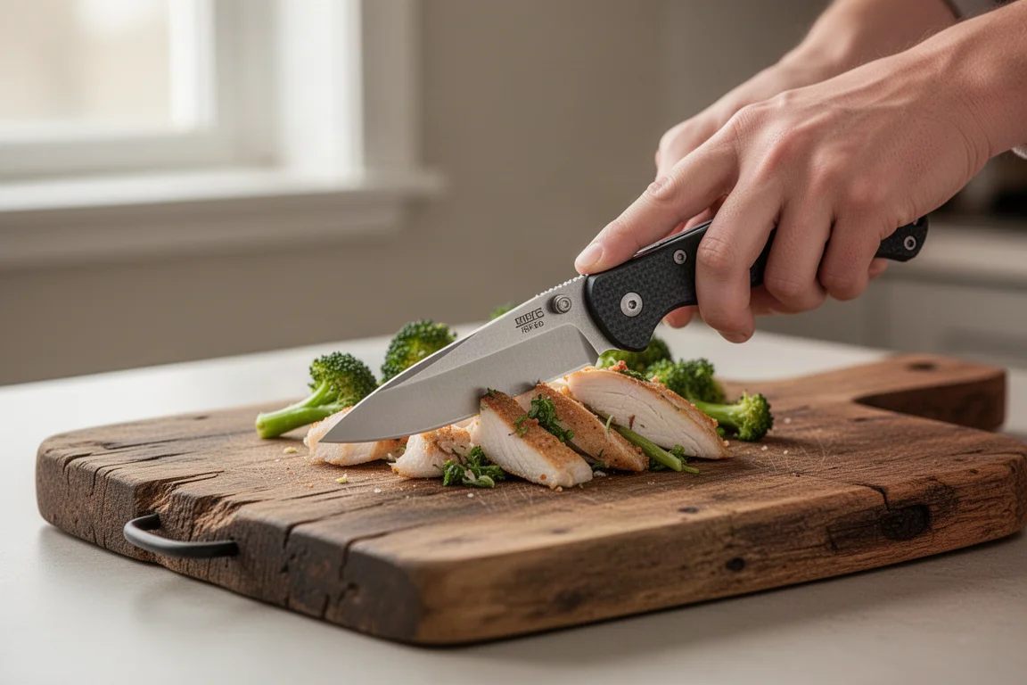 Coltello pieghevole in uso mentre affetta cibo su un tagliere
