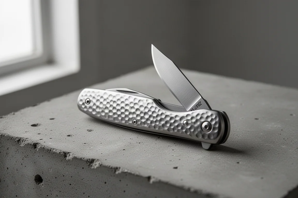Steel-handle folding knife with sheepsfoot blade on a concrete surface