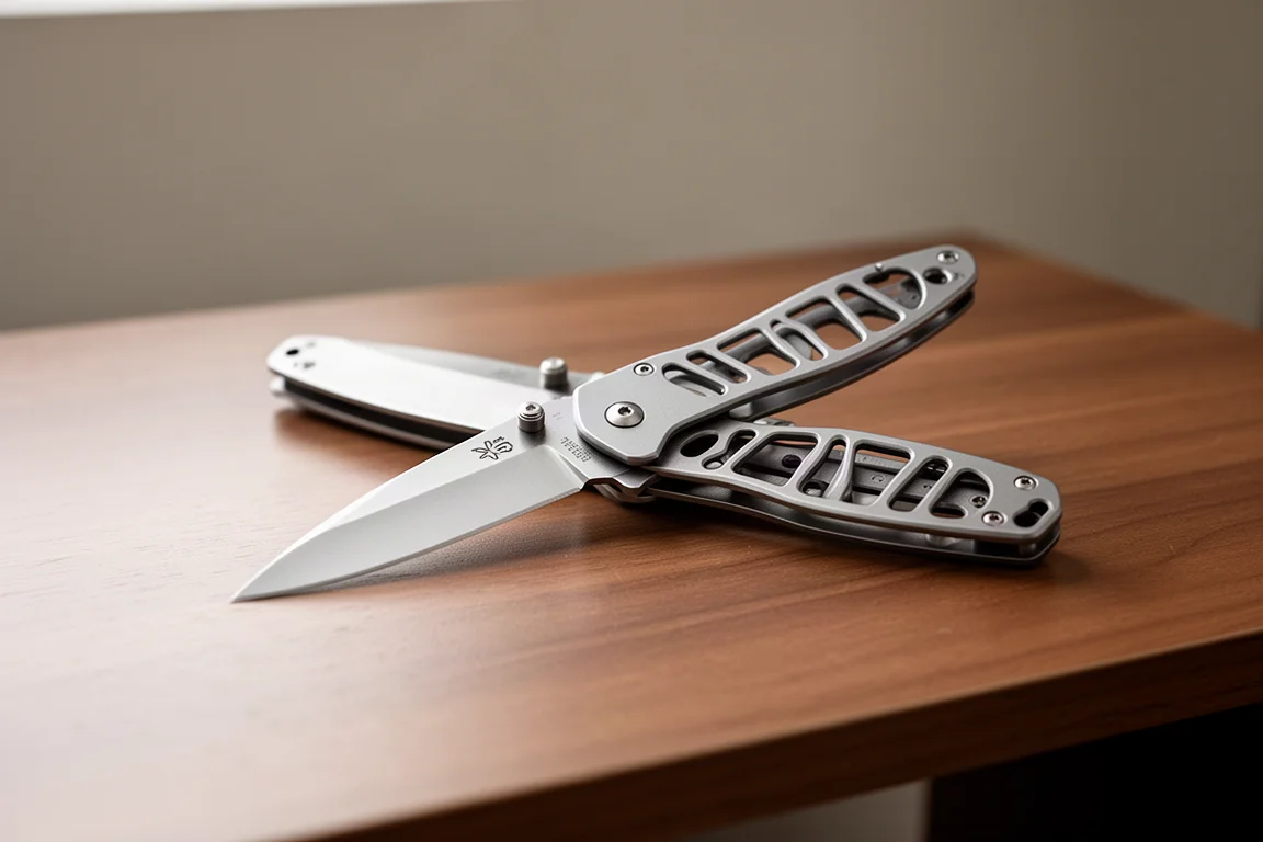 Klappmesser mit einer Blade unter drei Zoll, geöffnet auf einer Schreibtischfläche