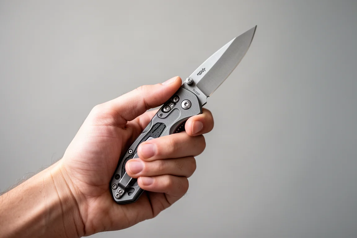 Person hält ein Klappmesser im Reverse-Grip vor neutralem Hintergrund