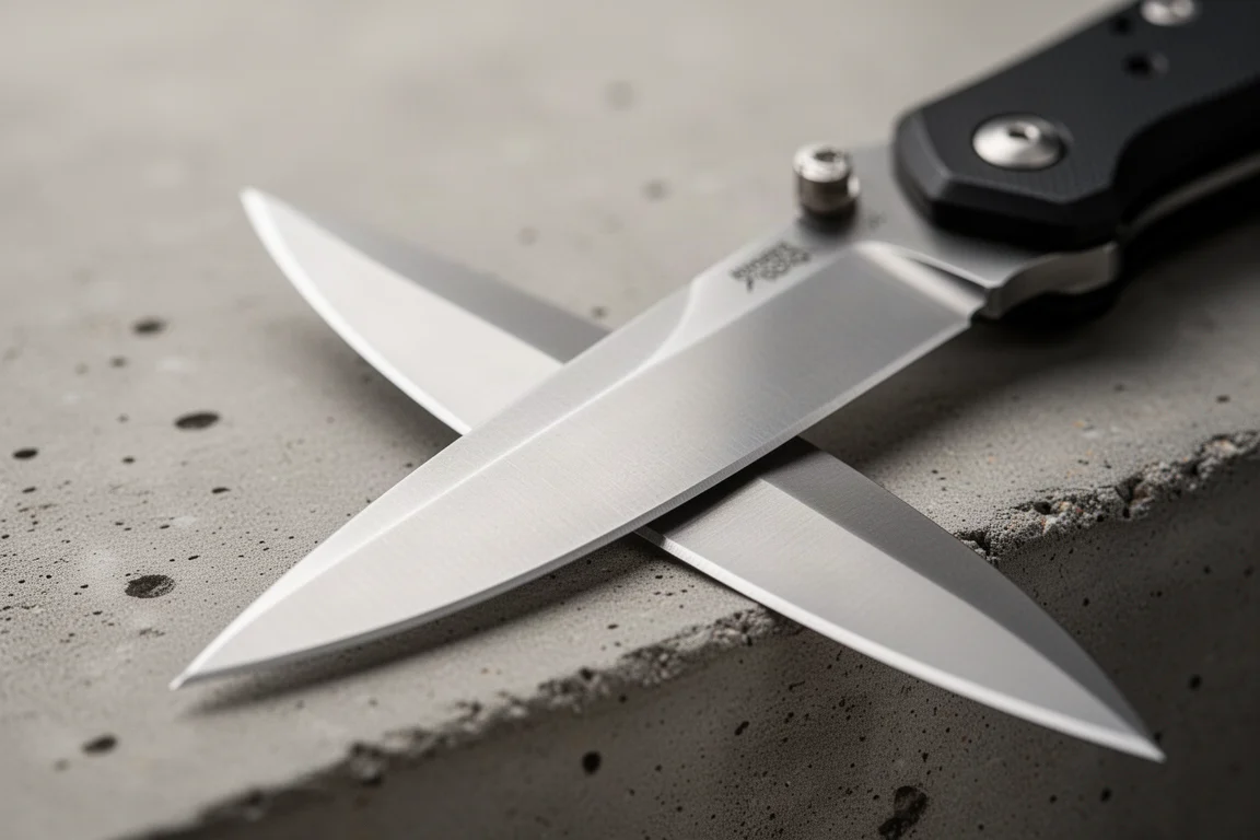 Nahaufnahme der Klingenschneide eines Klappmessers mit hoher Anschliff-Fläche und sauberer Finish