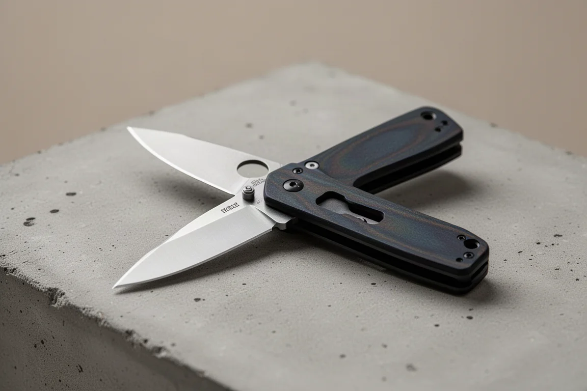 CJRB Pyrite V2 folding knife open on a matte concrete surface