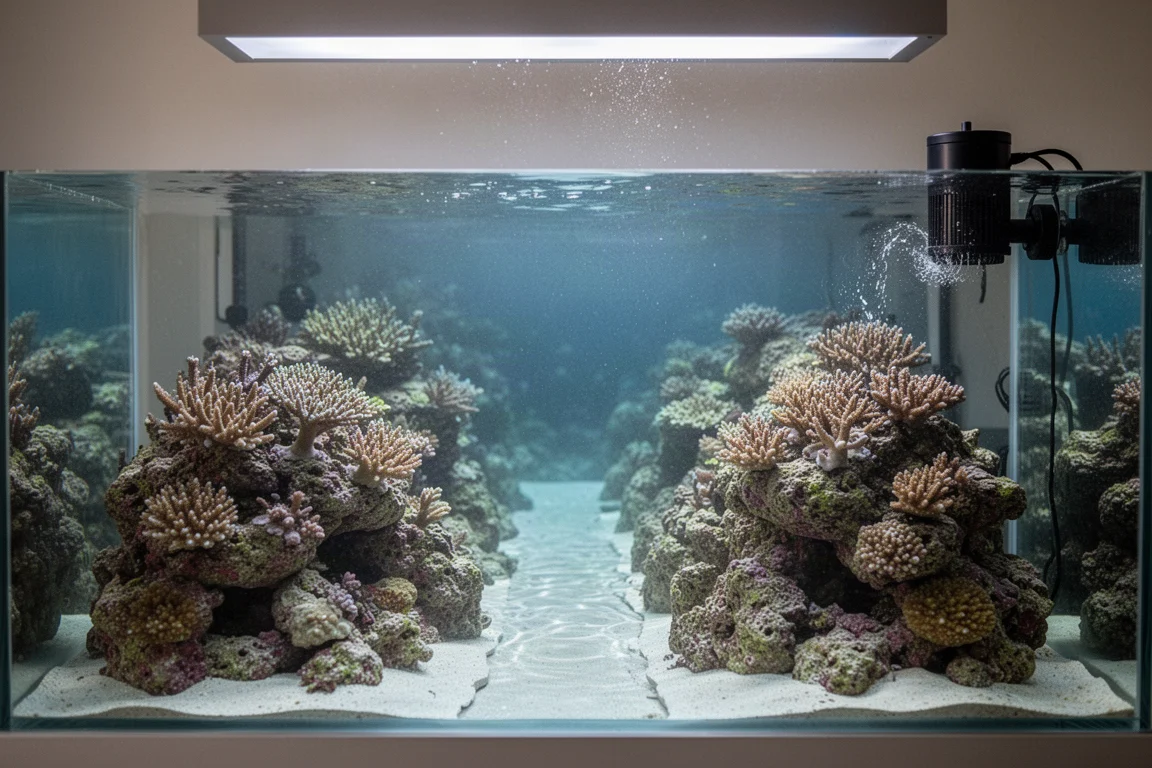 Reef aquarium interior with soft water movement and a small flow pump at the edge