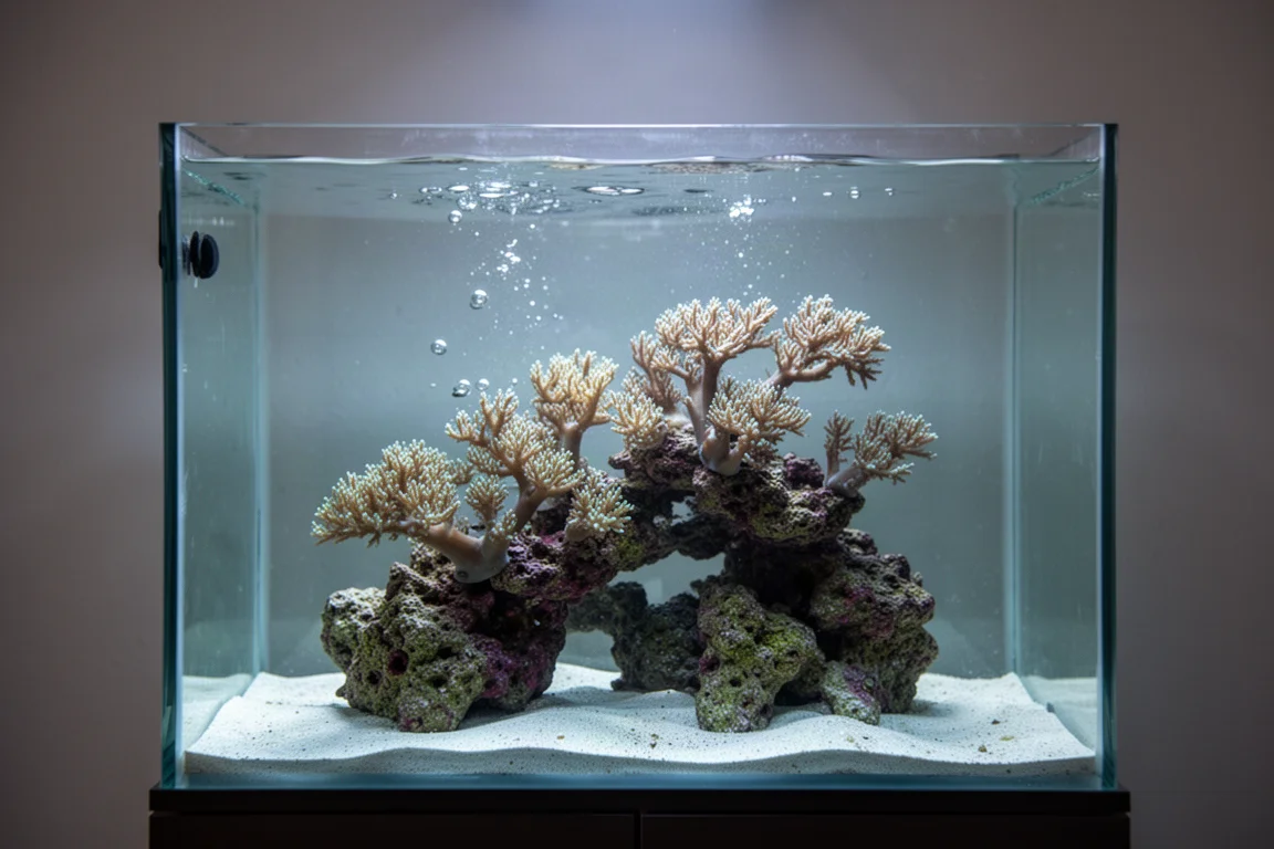Medium reef tank seen from the front with soft coral swaying in a steady current