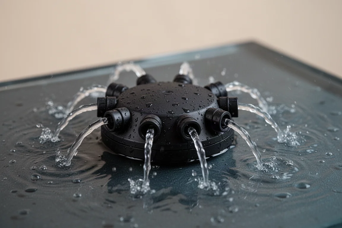 Macro view of six small water streams arcing from a circular pump cover