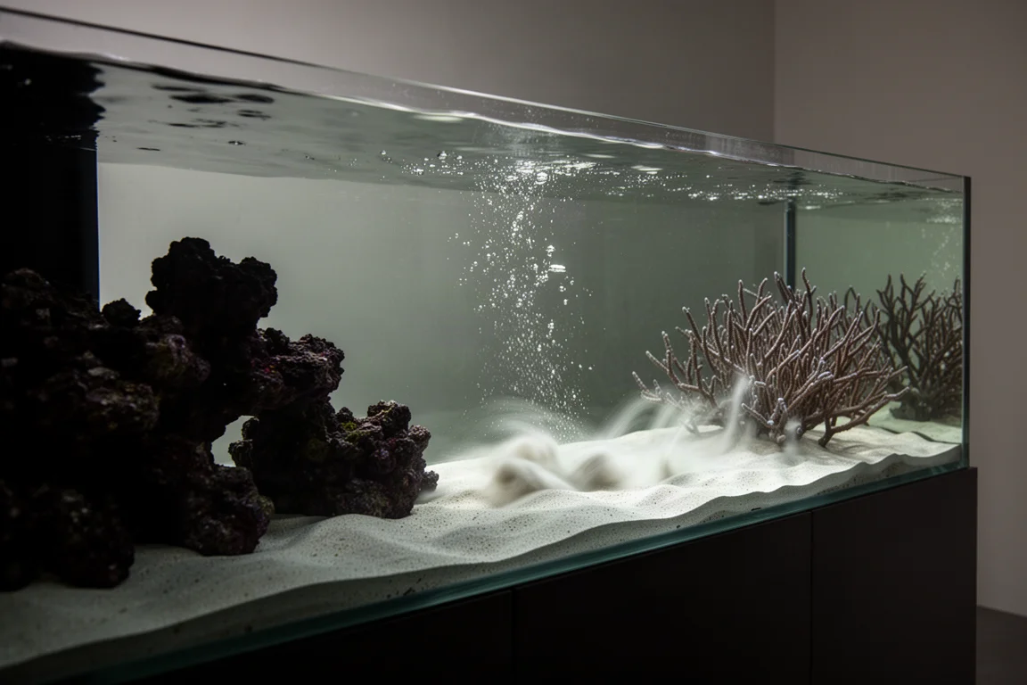 Long shallow reef tank with flow travelling end to end across a sand bed