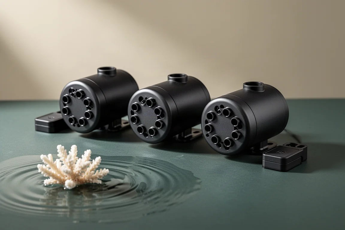 Three compact black aquarium flow pumps with six-outlet covers on a matte charcoal surface