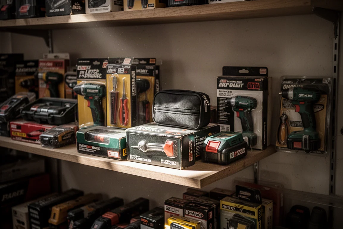 Regal in einem Secondhand-Laden mit verschiedenen Werkzeugen und einem einzelnen Koffer dahinter