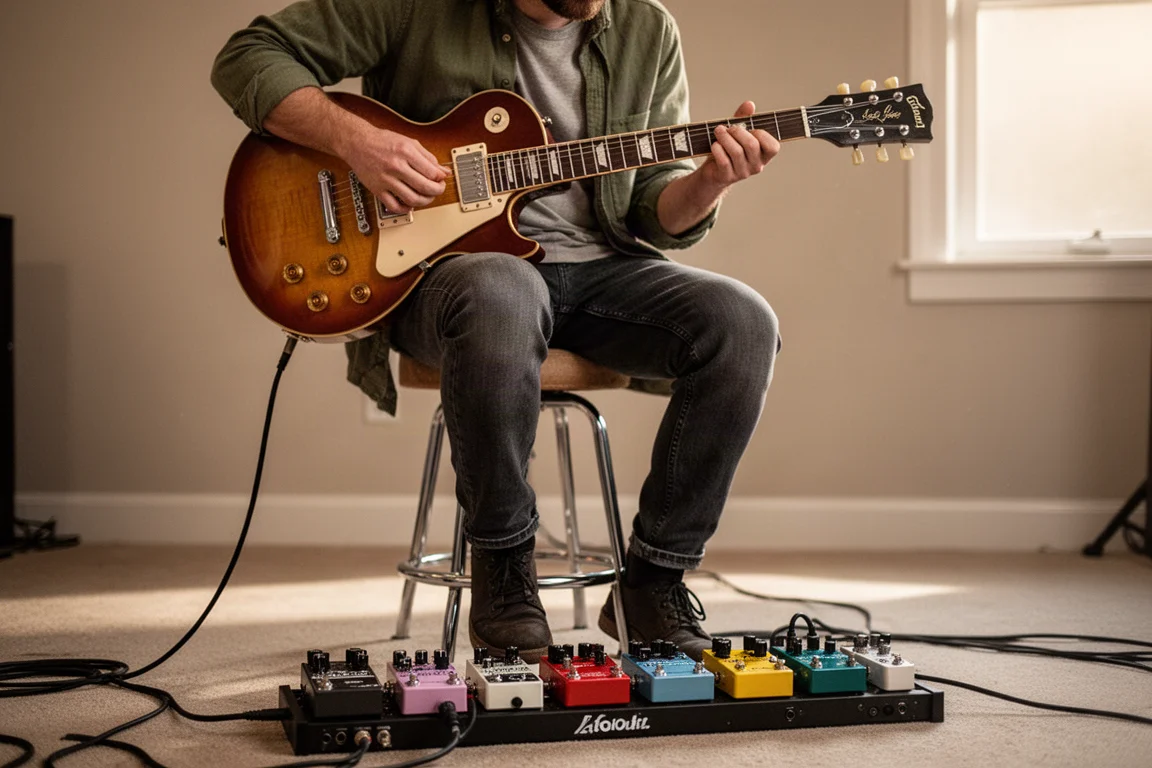 吉他手在錄音室彈奏 Les Paul,腳邊有效果器板