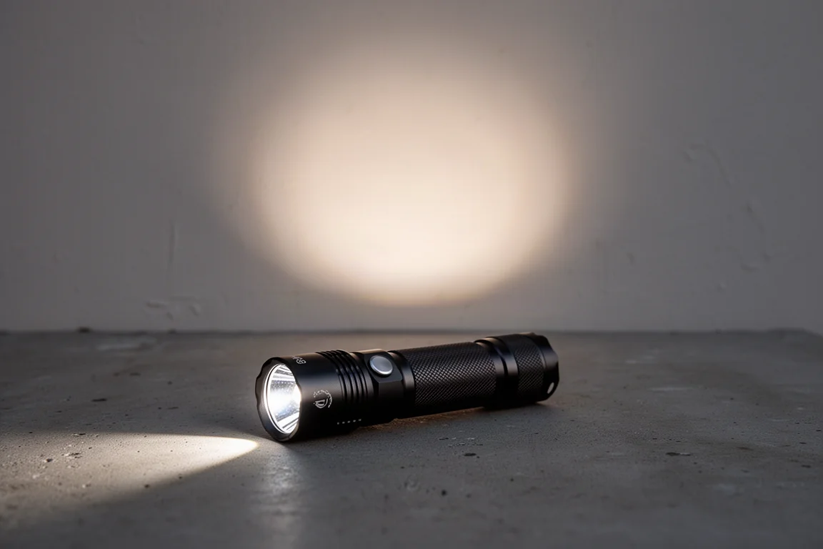 Zoomable flashlight casting a defined, evenly lit beam across a dark wall
