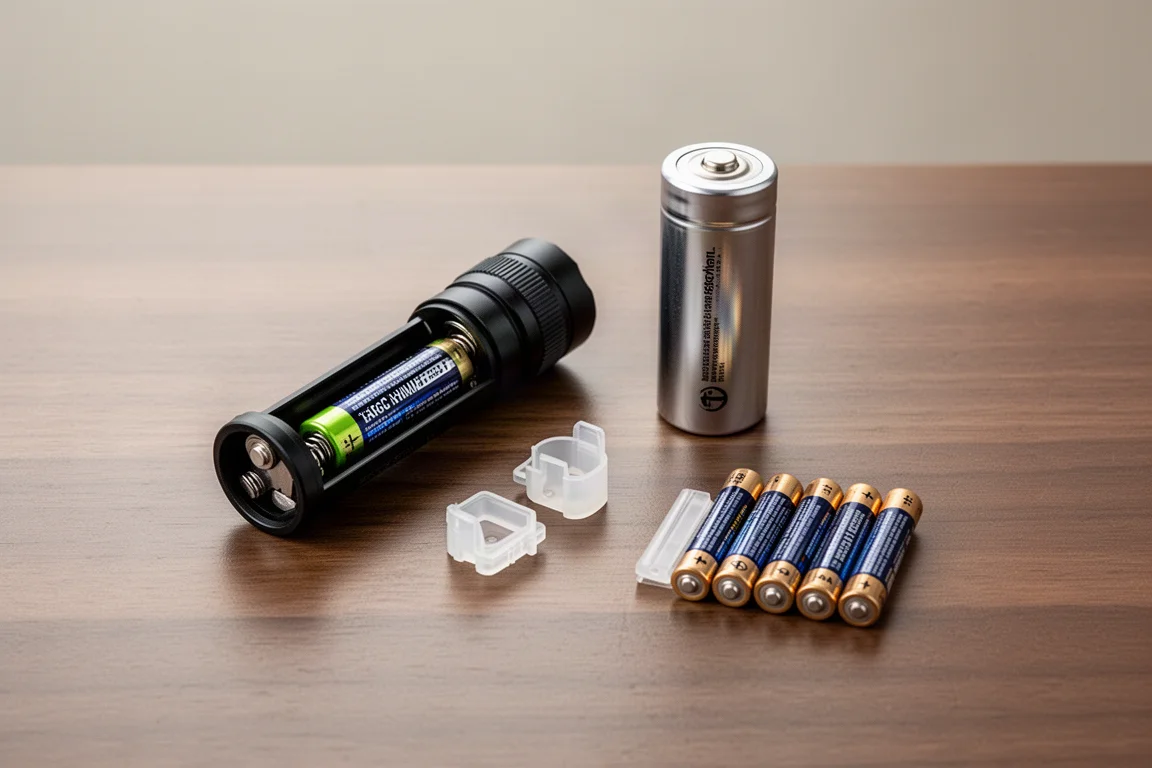 Open flashlight battery tube showing a large lithium cell and plastic adapter pieces