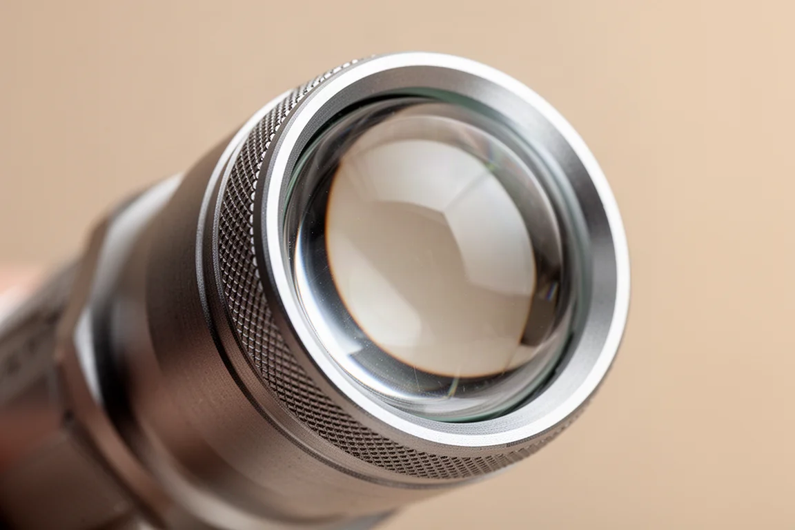 Close-up of the flashlight's front lens showing the spherical optical element