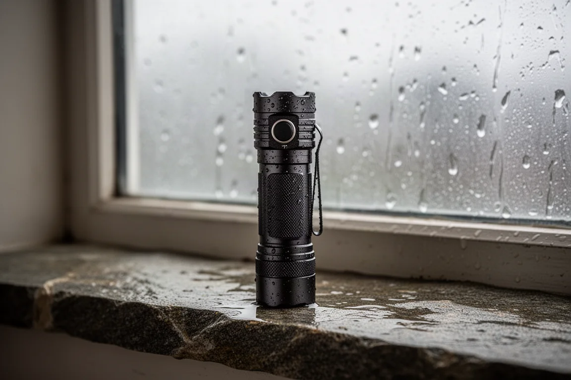 Flashlight on a rain-soaked windowsill with droplets on the metal body