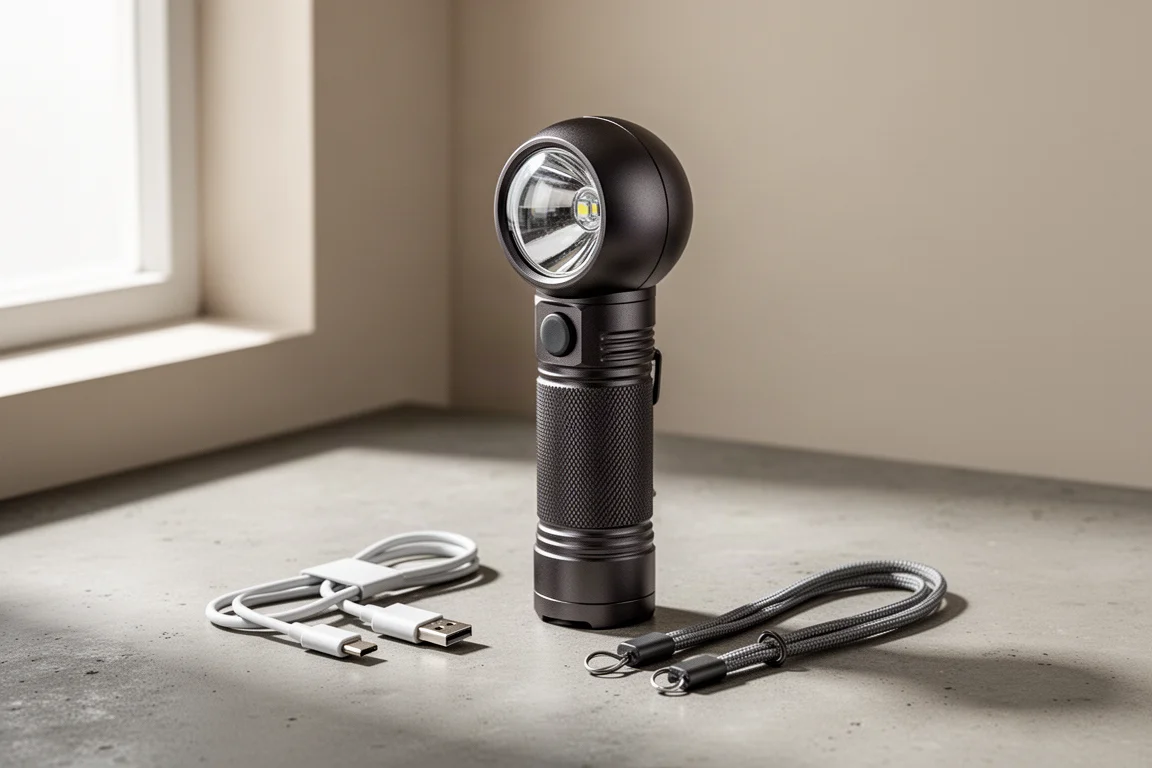 Torcia Claris A2 Pro con cavo USB-C e cordinella su una superficie di cemento