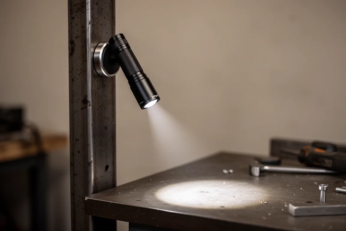 Lampans magnetiska bakände håller den fast på en metalläng utan händer