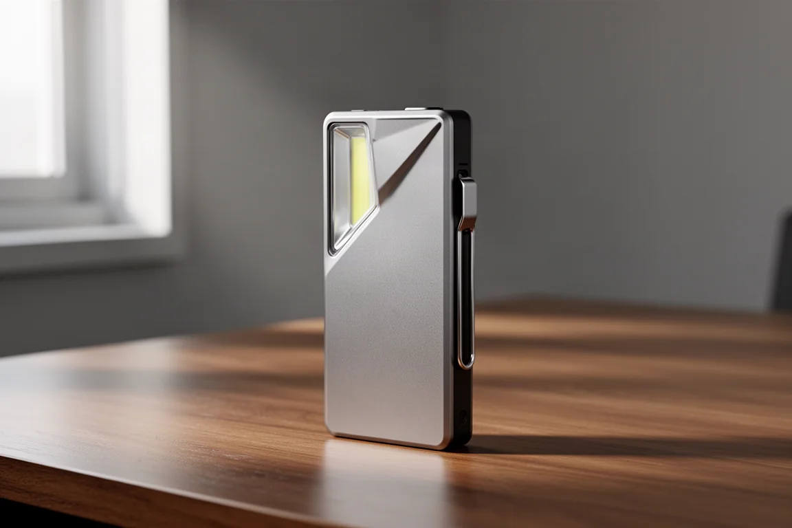 Schlanke metallische ClariS E5 Plus Taschenlampe mit Taschenclip auf einem Schreibtisch aus Holz