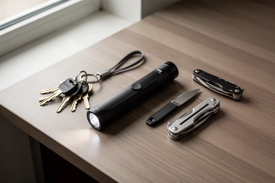 Slim bar flashlight resting on a desk beside small everyday carry items