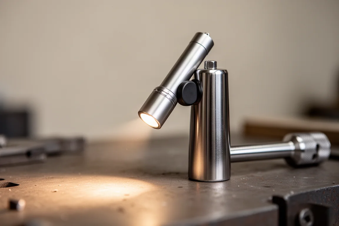 Flashlight magnetically attached to a metal punch tool on a workbench