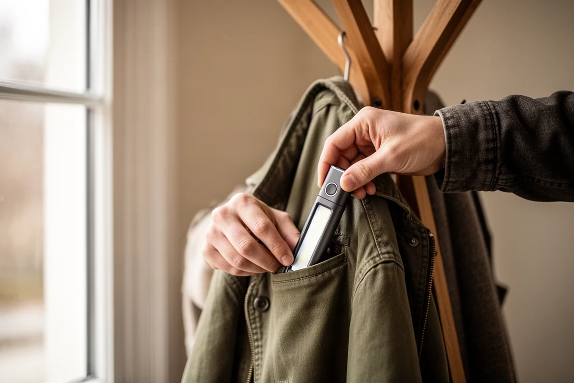 Hand dropping a slim flashlight into a jacket pocket on a coat rack