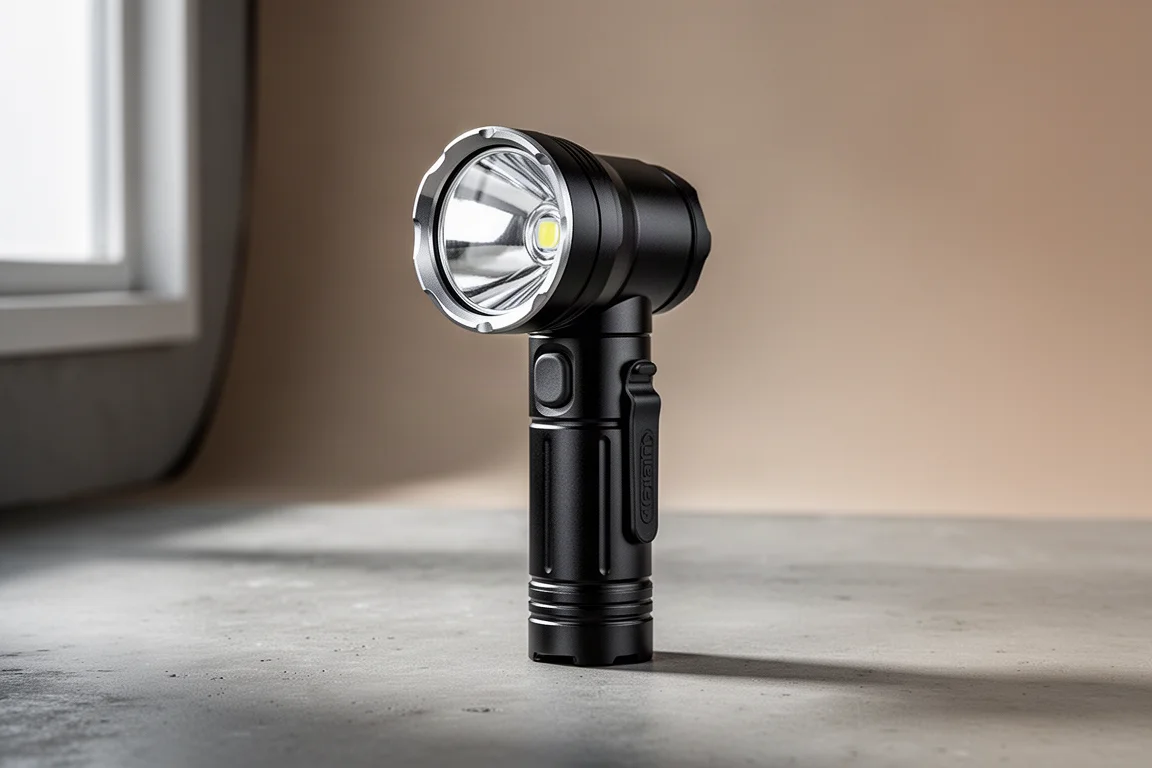 Schwarze zoombare Aluminium-Taschenlampe auf einer Betonoberfläche stehend