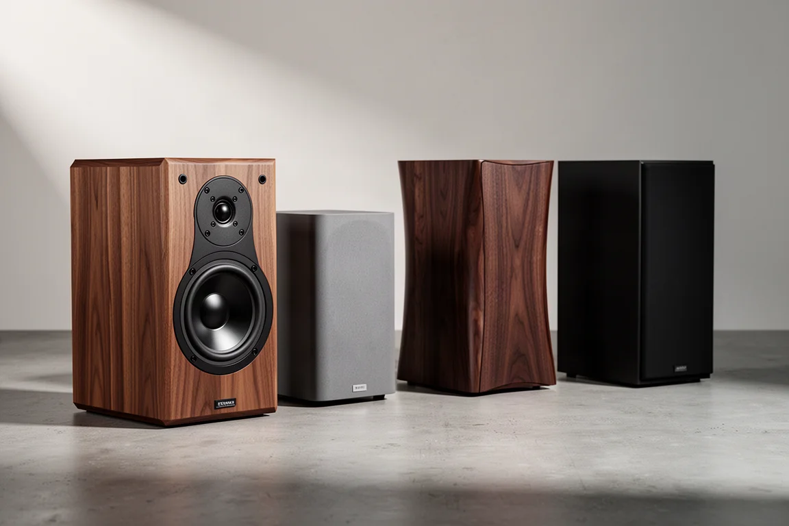 Four standmount loudspeakers in different finishes arranged on a concrete surface