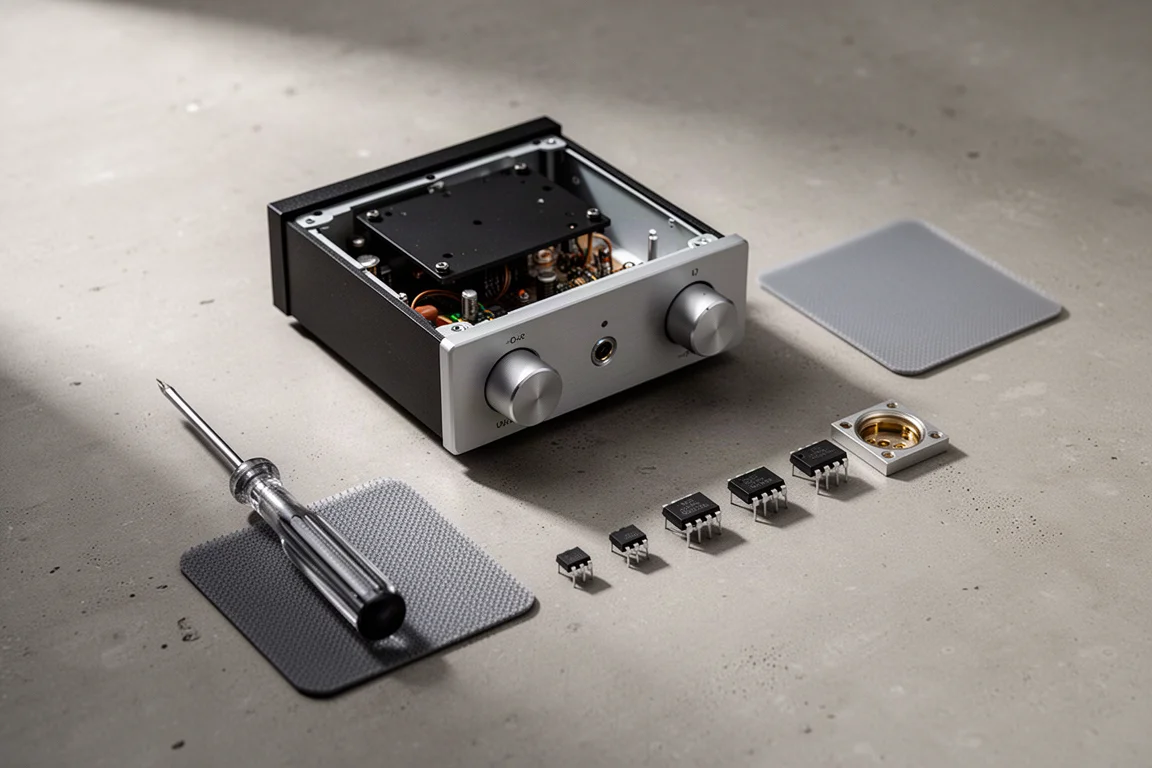 Draufsicht auf einen geöffneten Desktop-Verstärker mit Op-Amp-Chips und einem Schraubendreher