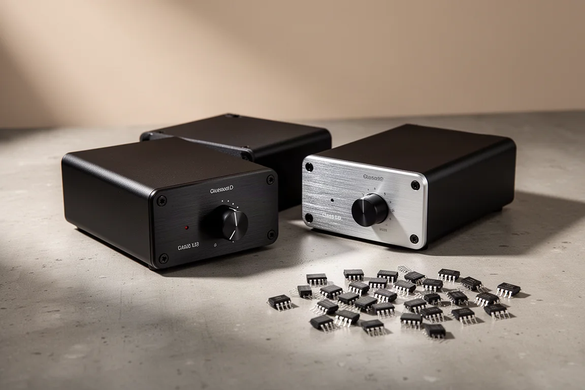 Two compact Class D amplifiers and a scatter of dual op-amp chips on a concrete surface