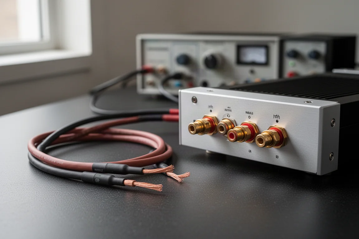 Short test leads and amplifier binding posts on a measurement workbench
