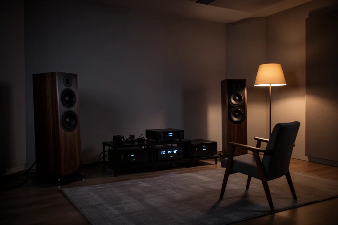 Dimly lit listening room at night with speakers and a low equipment rack