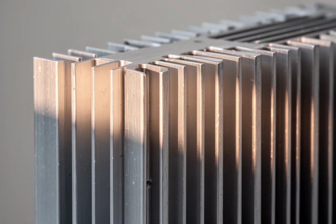 Macro view of heatsink fins on a heavy power amplifier chassis