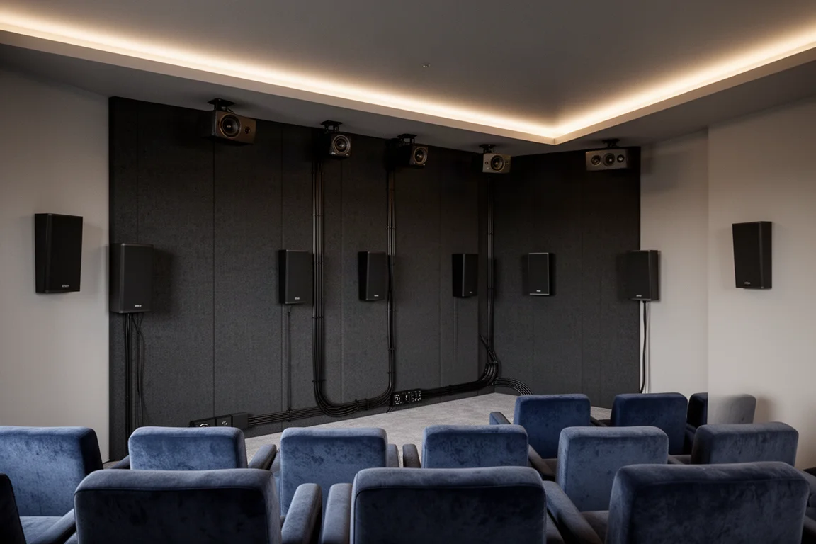 Home theater room with surround and overhead speakers on a dark wall