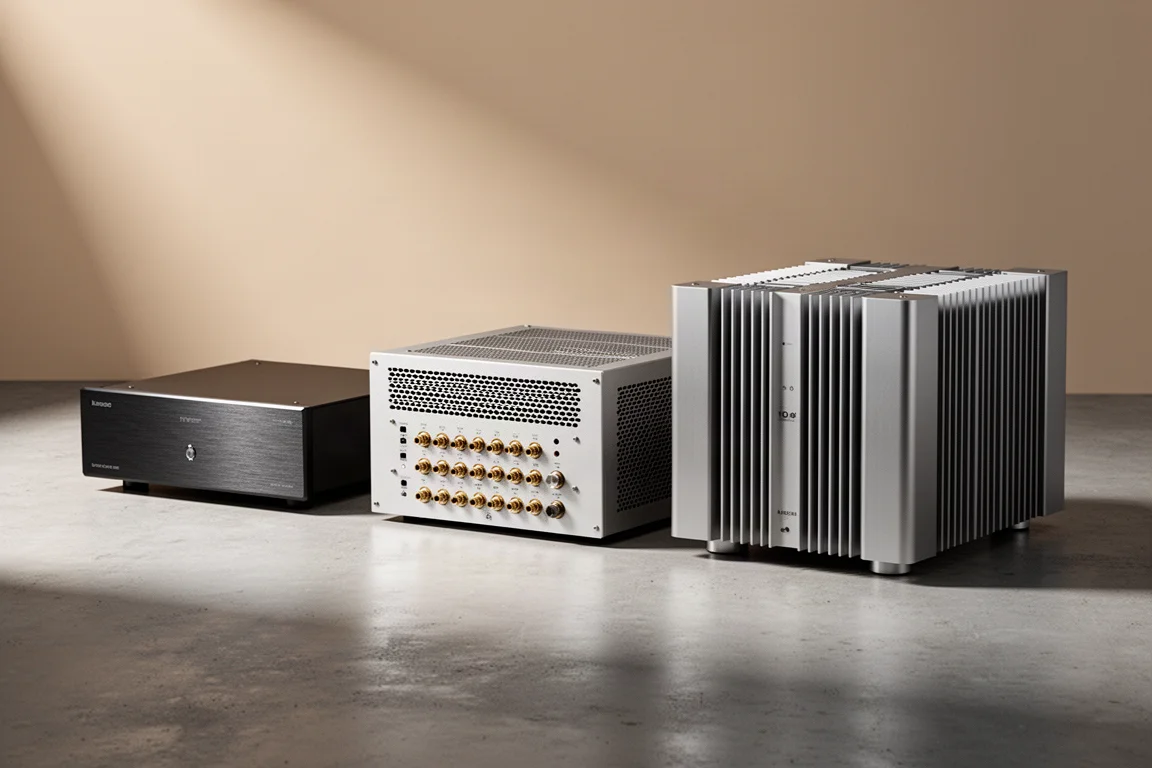 Three hi-fi power amplifiers arranged on a concrete surface in soft studio light