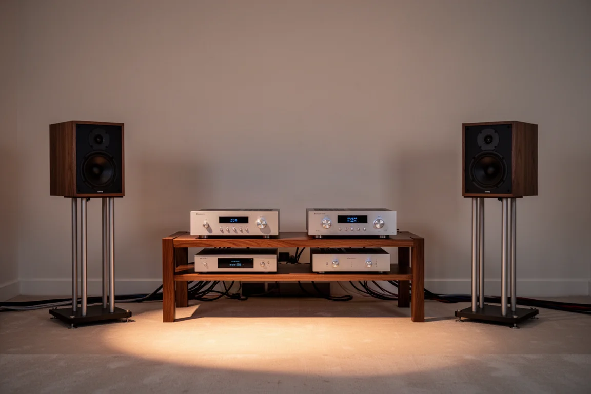 Sala d'ascolto hi-fi al crepuscolo con rack per apparecchiature, preamplificatore, finale di potenza e diffusori da stand