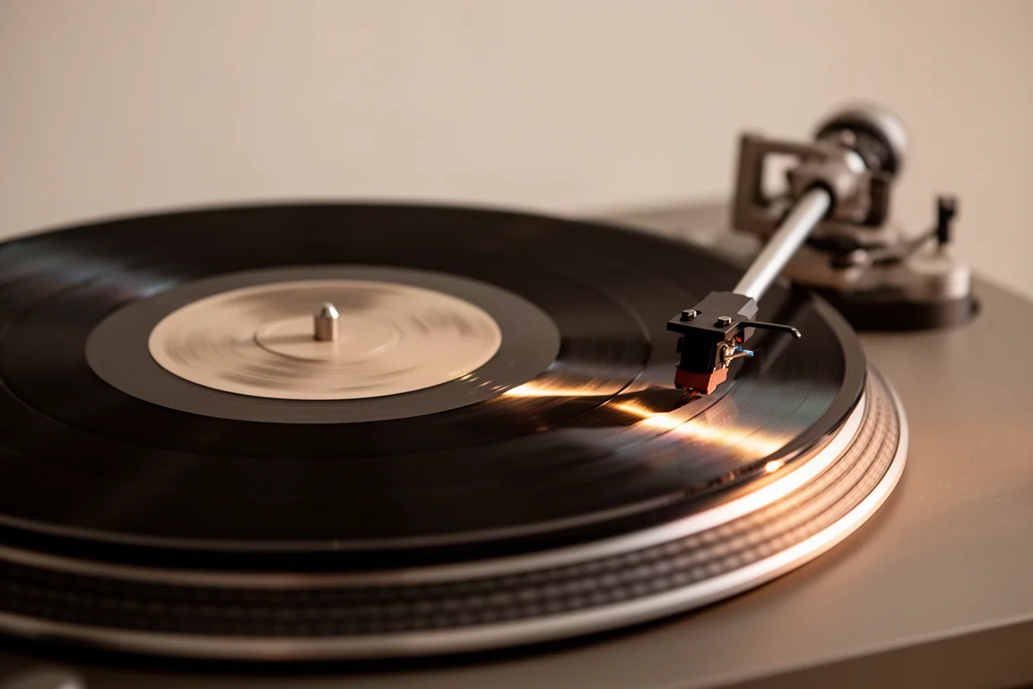 Primo piano di un disco in vinile che gira sul piatto del giradischi in una calda luce riflessa
