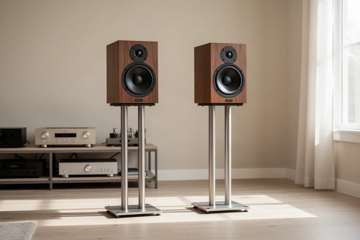 Diffusori da stand su supporti metallici in un soggiorno luminoso con componenti audio sullo sfondo