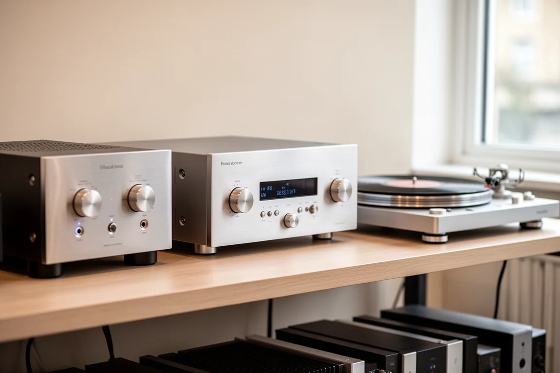 Scaffale di amplificatori hi-fi usati e un giradischi in un showroom luminoso