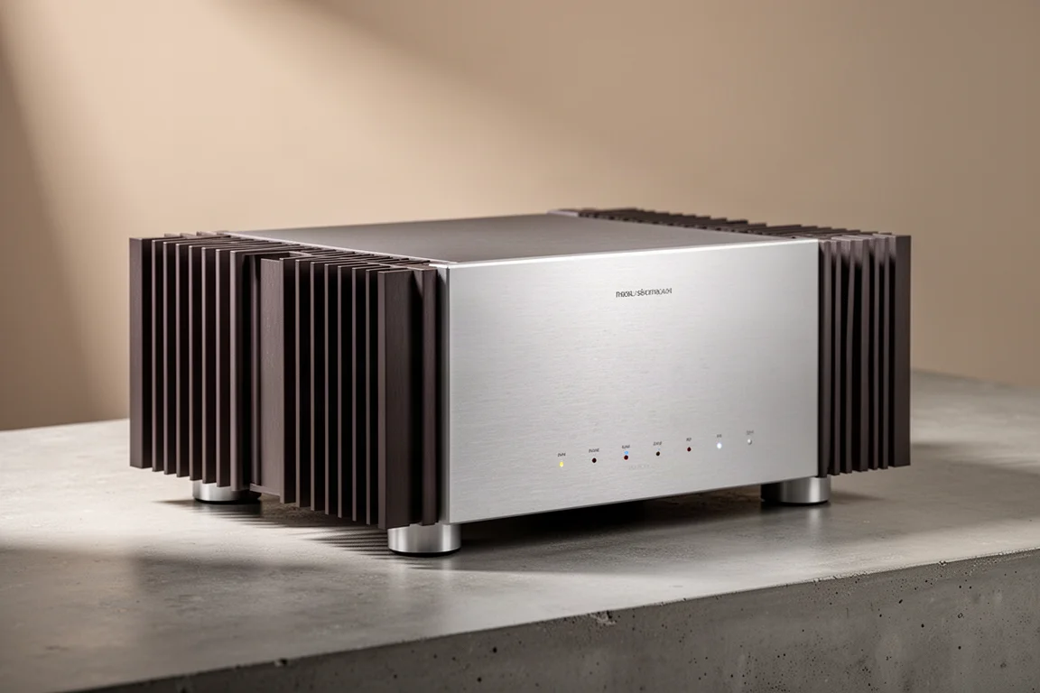 Vintage solid-state power amplifier with brushed metal front panel and side heatsink fins on concrete