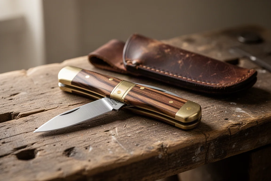 Wood-handled lockback folding knife closed on a rustic wooden surface