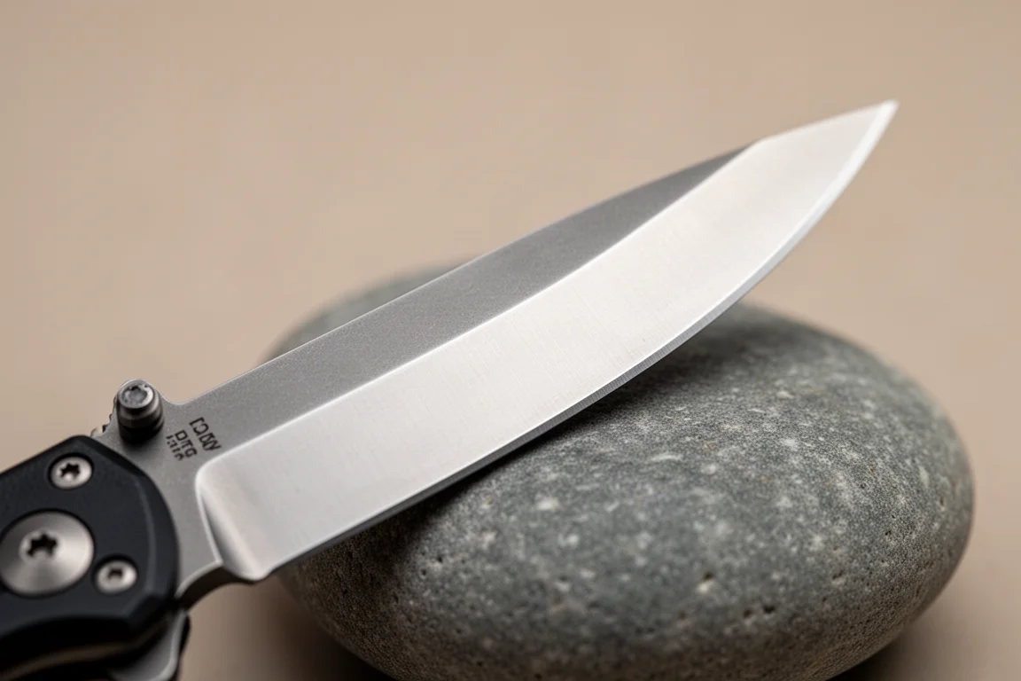 Detail view of a knife blade showing a clip point profile