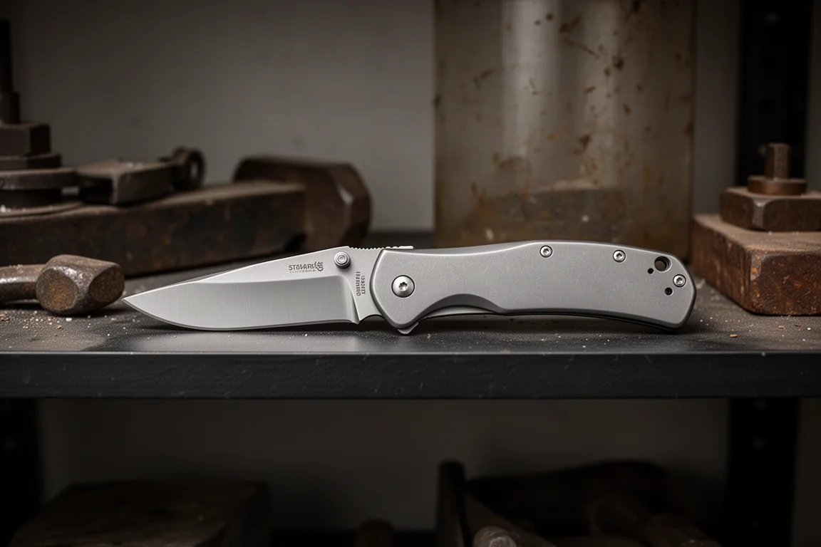 Collectible titanium folding knife displayed on a pawn shop style shelf