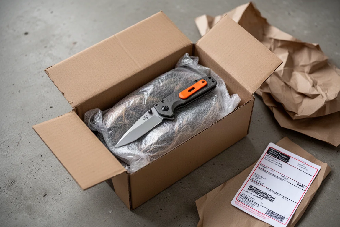 Modern hunting knife with orange accents packed into a shipping box
