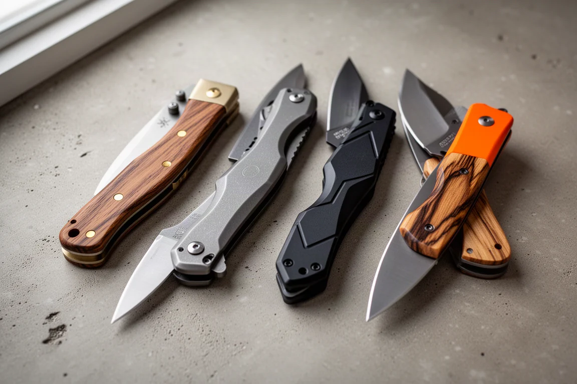 Four classic lockback folding knives arranged on a concrete surface