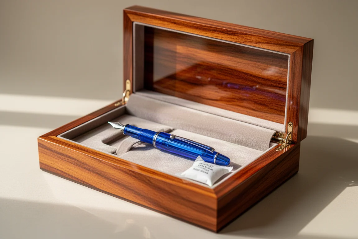 Stylo plume posé dans un lit de velours doux à l'intérieur d'un coffret de présentation en bois poli