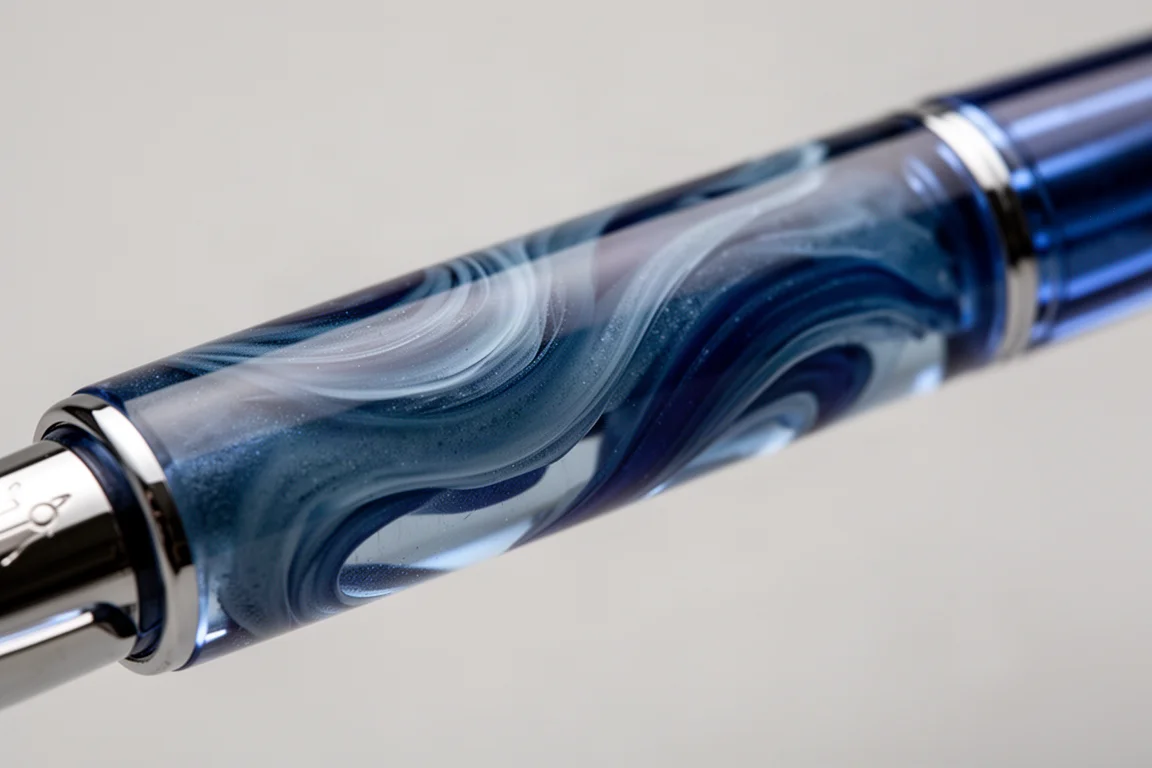 Gros plan sur le corps en acrylique bleu marbré laissant apparaître la profondeur du matériau