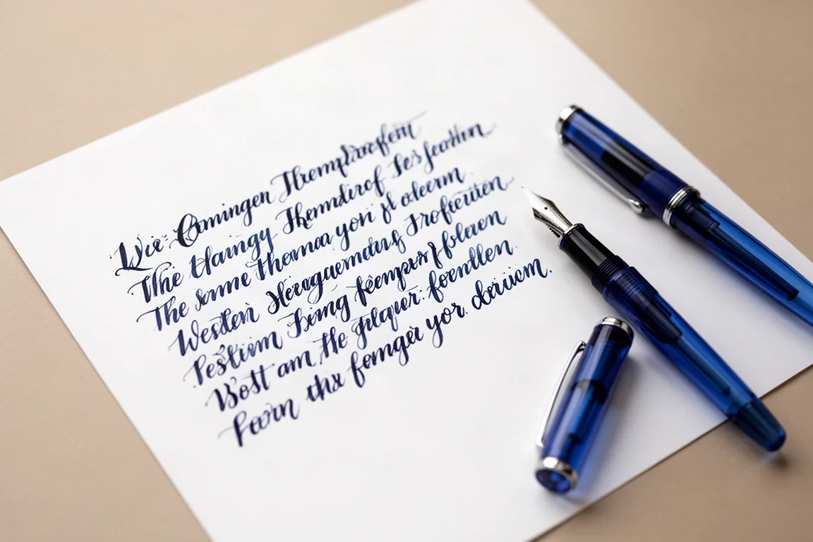 Échantillon d'écriture à l'encre bleu foncé sur papier blanc montrant un trait medium et mouillé