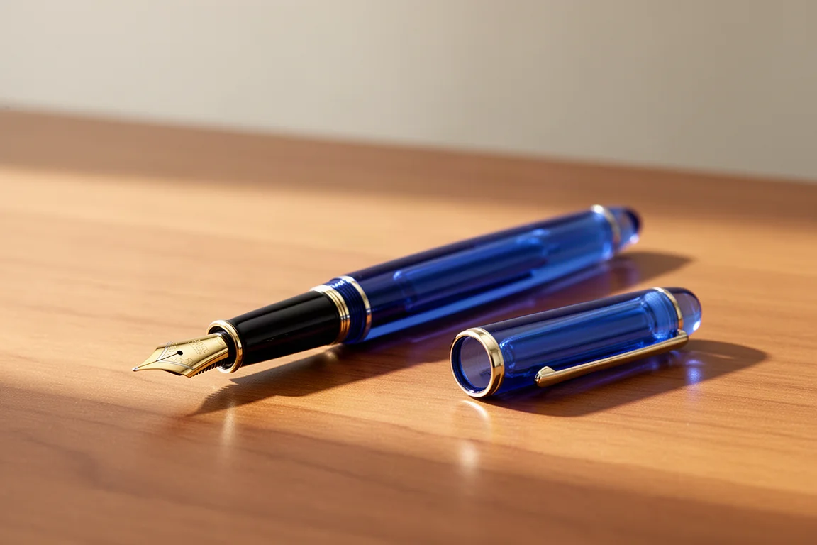 Stylo plume posé décapité sur un bureau à côté de son capuchon, montrant la plume et la prise en main