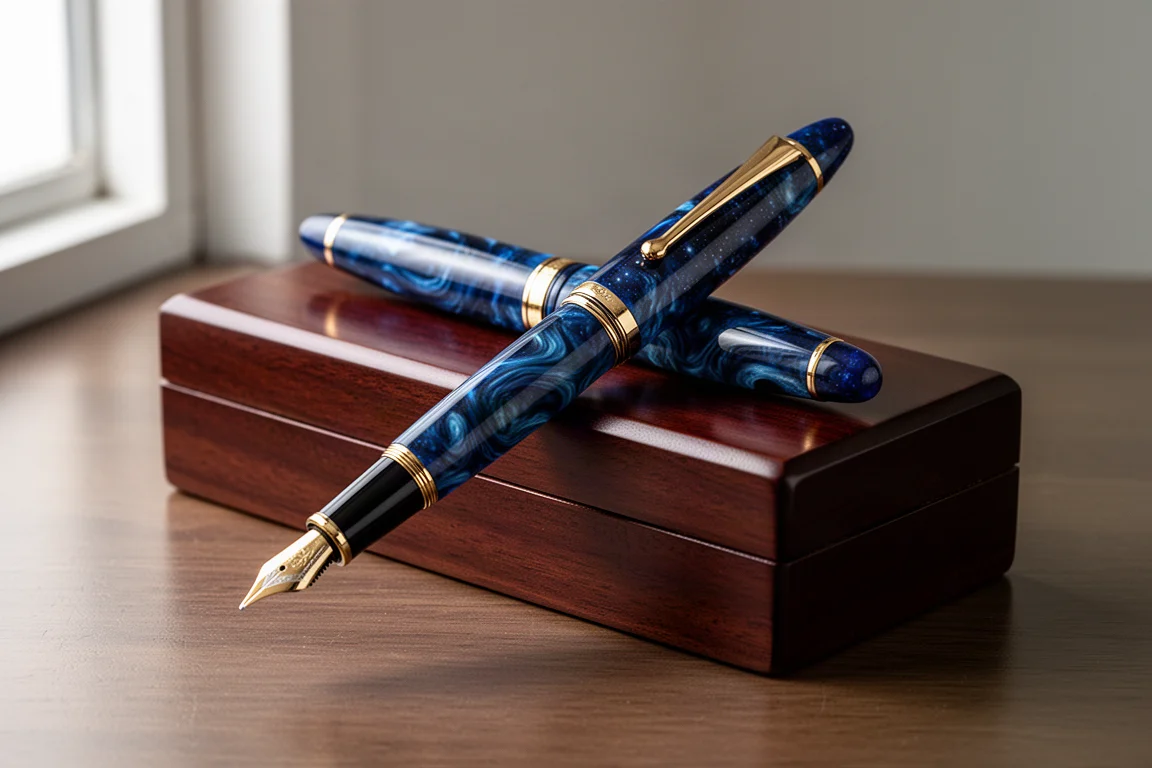Hand-carved blue acrylic fountain pen resting on a polished wooden box lid