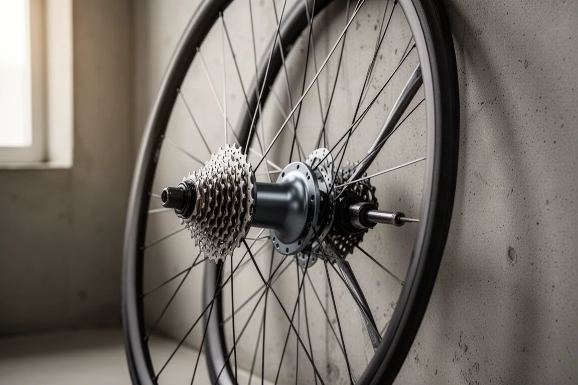 Road bike rear wheel with internal two-speed hub and cassette on a concrete floor